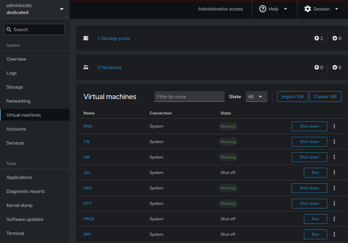 État des VMs sous Cockpit